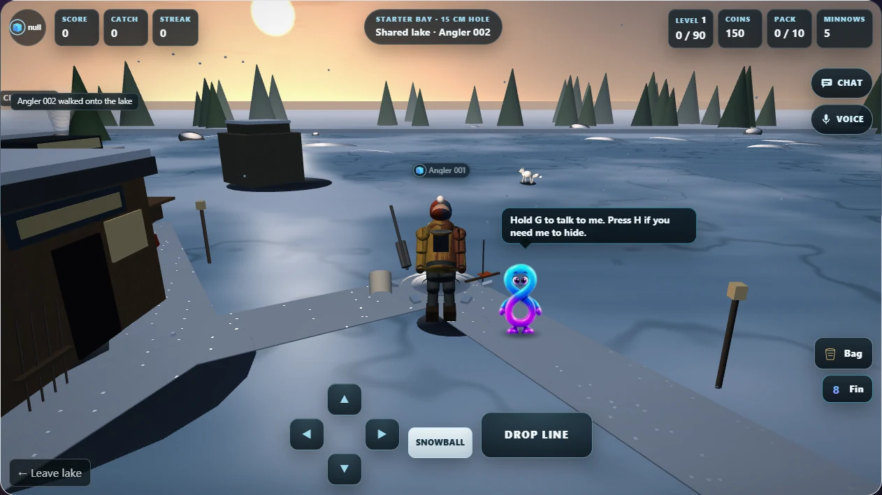 Live Infin8 IceFishin gameplay: an angler on the shared frozen lake with the fishing HUD, movement pad, snowball and drop-line controls visible.